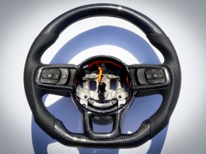 Jeep Wrangler JL Custom Steering Wheel - Carbon Fiber - Round Top/ Flat Bottom - Perf Leather/ Black Stitch Jeep Wrangler JL Custom Steering Wheel - Carbon Fiber - Round Top/ Flat Bottom - Perf Leather/ Black Stitch